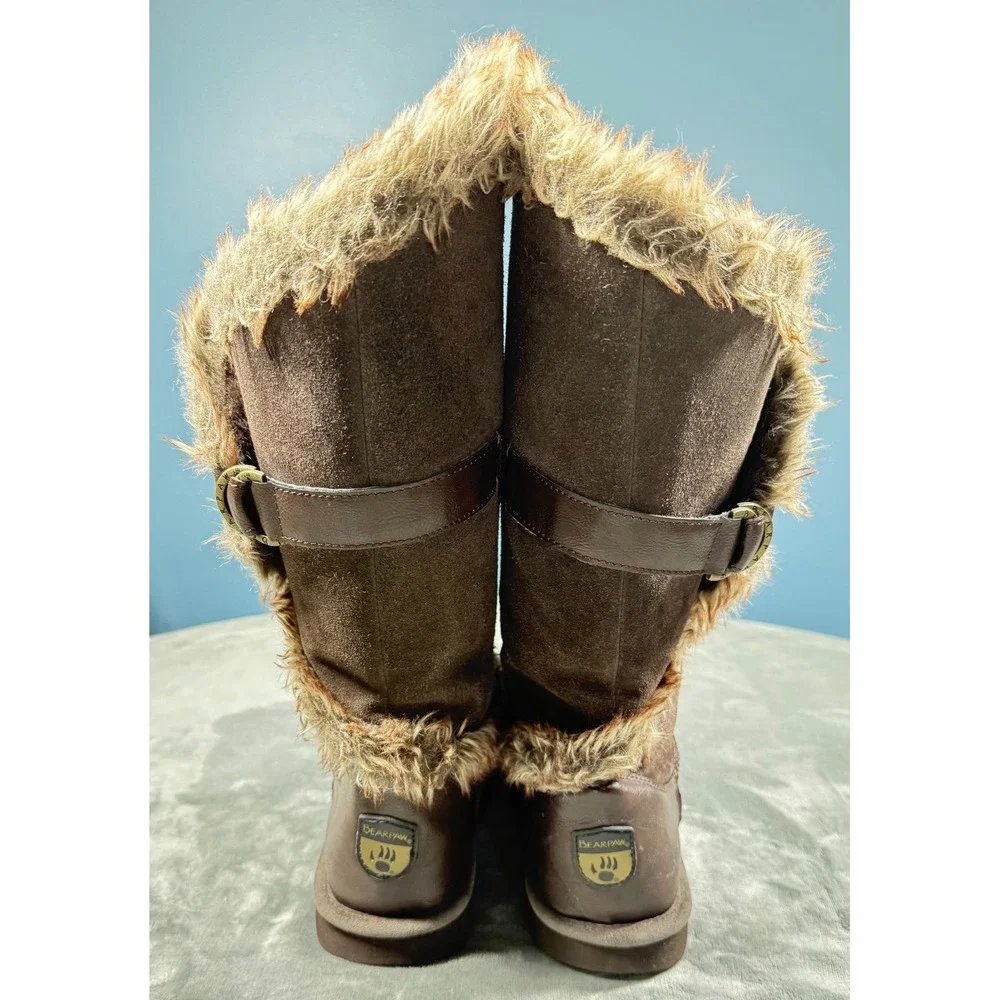 Bearpaw Sheilah Boots Womens 12 Brown Suede Faux Fur Trim Mid Calf